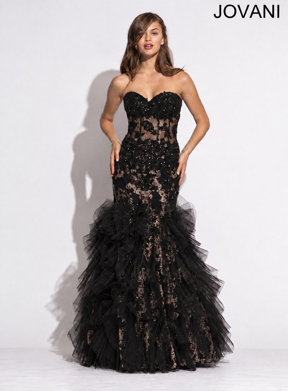 Jovani Black Lace Sequin Mermaid Prom Dress Gown - Size 16 (MSRP $620)